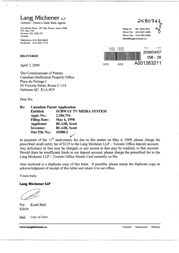 Document de brevet canadien 2286794. Taxes 20090407. Image 1 de 1