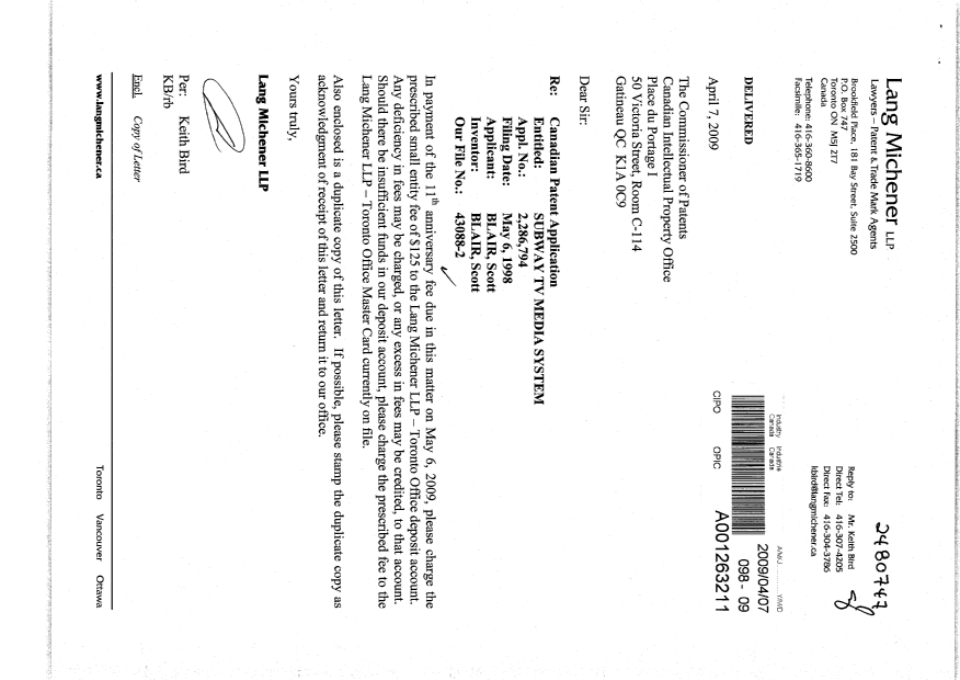 Document de brevet canadien 2286794. Taxes 20090407. Image 1 de 1