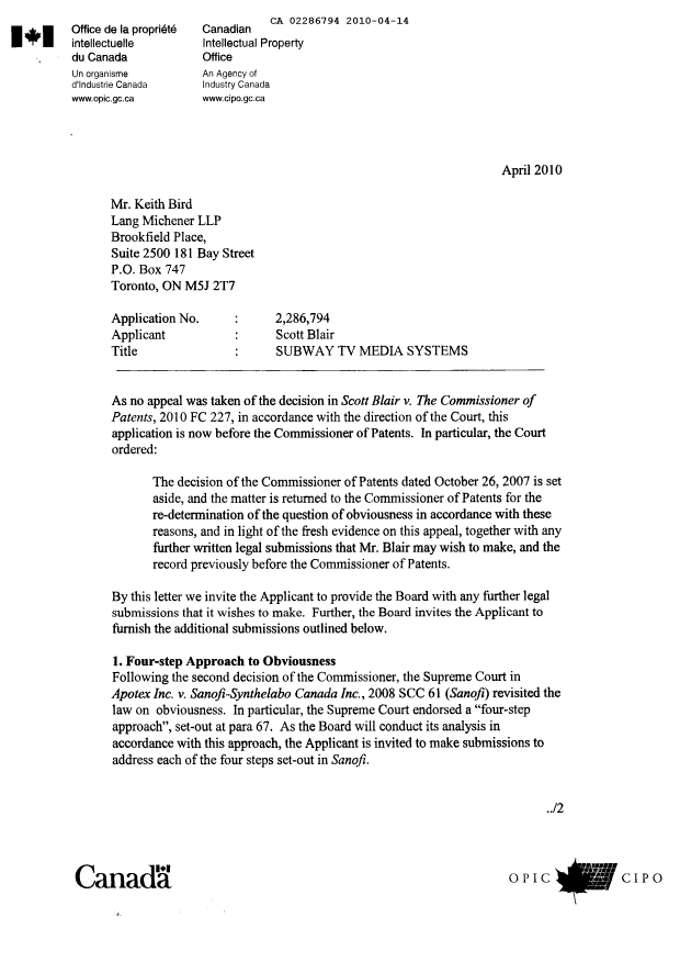 Canadian Patent Document 2286794. Correspondence 20091214. Image 1 of 2