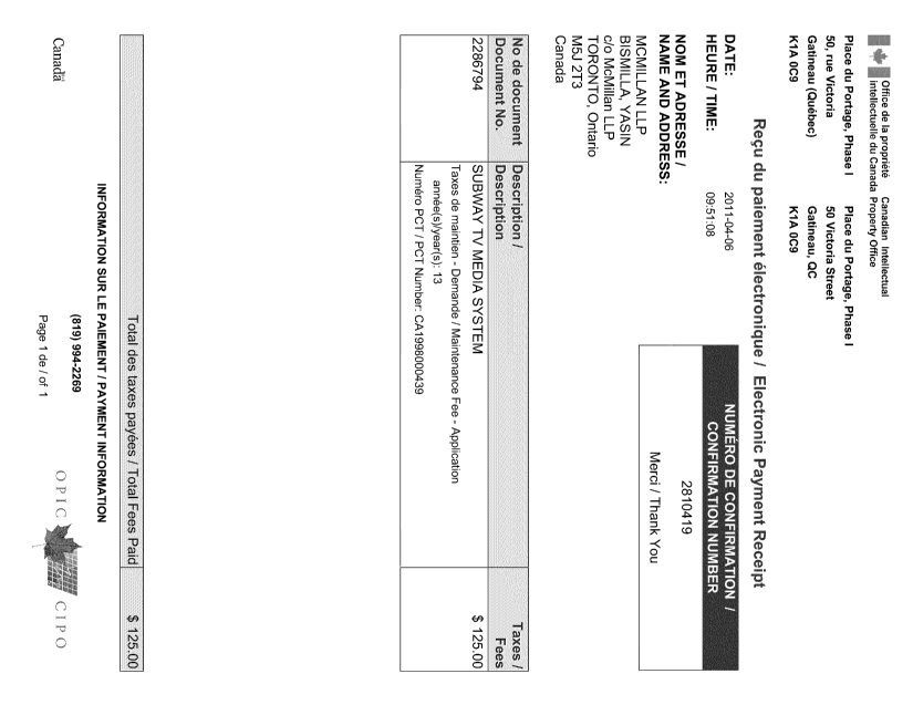 Document de brevet canadien 2286794. Taxes 20110406. Image 1 de 1