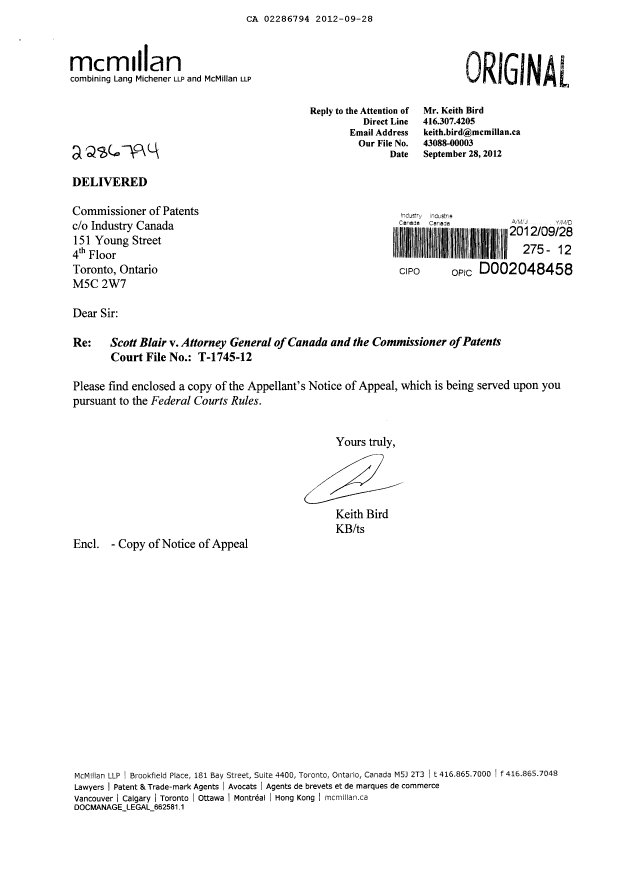 Canadian Patent Document 2286794. Prosecution-Amendment 20120928. Image 1 of 6