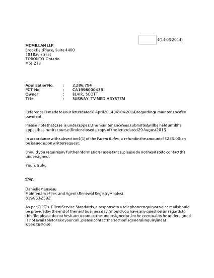 Document de brevet canadien 2286794. Correspondance 20140514. Image 1 de 1