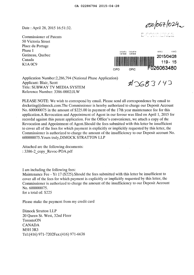 Canadian Patent Document 2286794. Correspondence 20141228. Image 1 of 3
