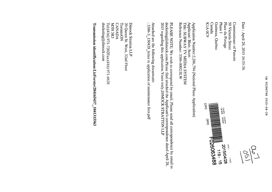 Canadian Patent Document 2286794. Correspondence 20141228. Image 1 of 6