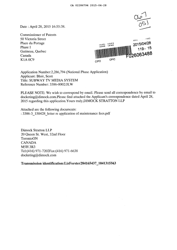 Document de brevet canadien 2286794. Correspondance 20150428. Image 1 de 6