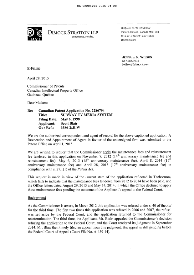 Document de brevet canadien 2286794. Correspondance 20150428. Image 2 de 6