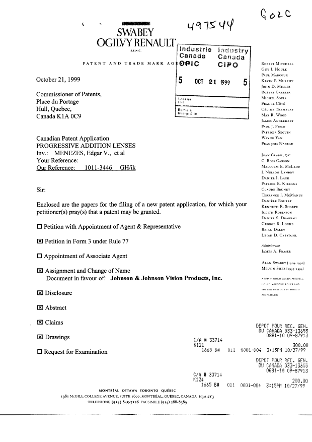 Document de brevet canadien 2287058. Cession 19991021. Image 1 de 20