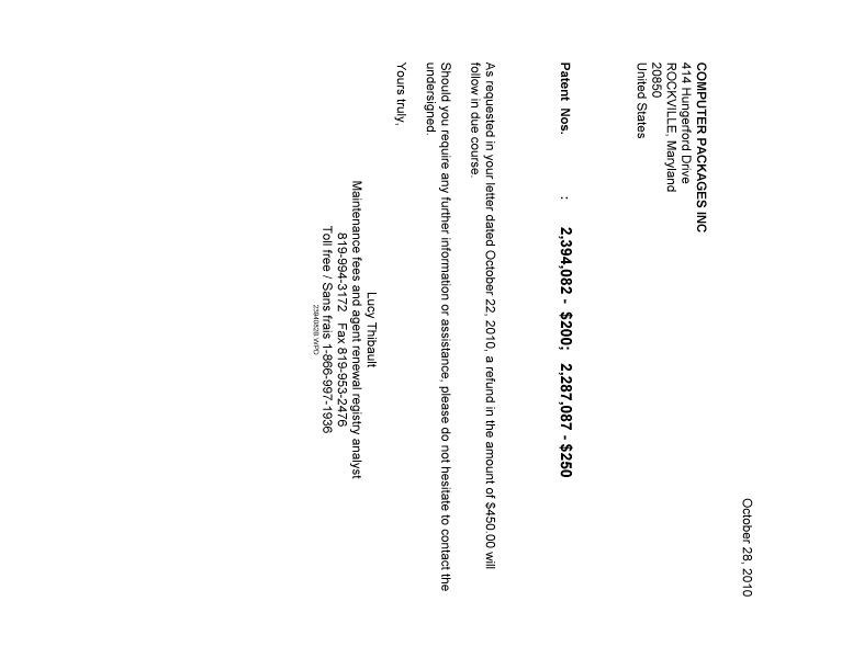 Canadian Patent Document 2287087. Correspondence 20101028. Image 1 of 1