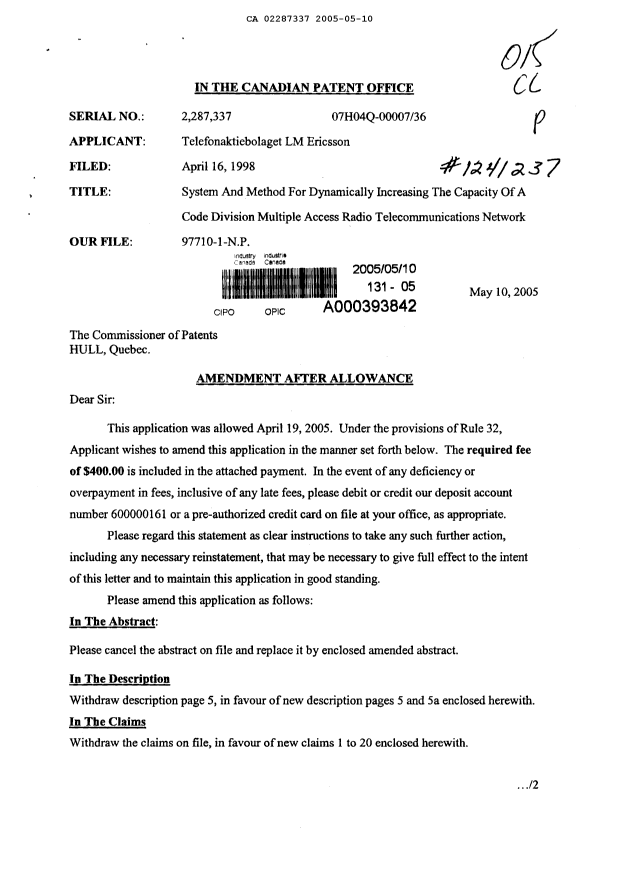 Document de brevet canadien 2287337. Poursuite-Amendment 20050510. Image 1 de 16