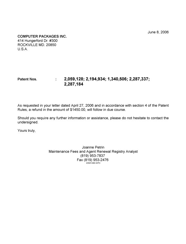 Document de brevet canadien 2287337. Correspondance 20060608. Image 1 de 1