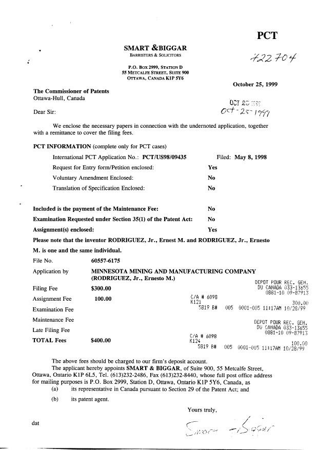 Document de brevet canadien 2287347. Cession 19991025. Image 1 de 4