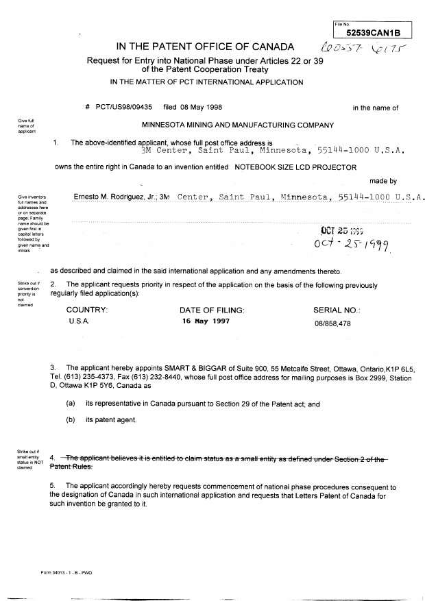 Canadian Patent Document 2287347. Assignment 19991025. Image 2 of 4
