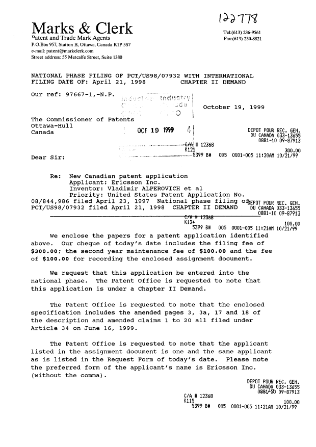 Document de brevet canadien 2287382. Cession 19991019. Image 1 de 10