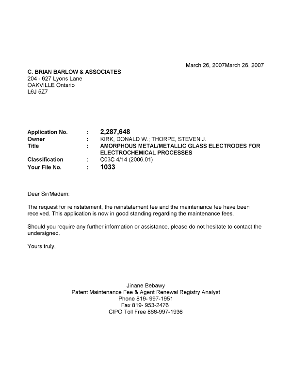 Document de brevet canadien 2287648. Correspondance 20070326. Image 1 de 1