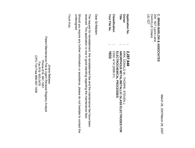 Canadian Patent Document 2287648. Correspondence 20070326. Image 1 of 1