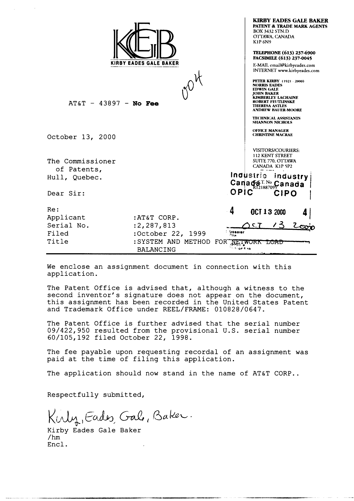 Document de brevet canadien 2287813. Cession 20001013. Image 1 de 11