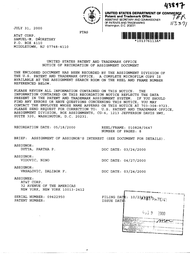 Document de brevet canadien 2287813. Cession 20001013. Image 2 de 11