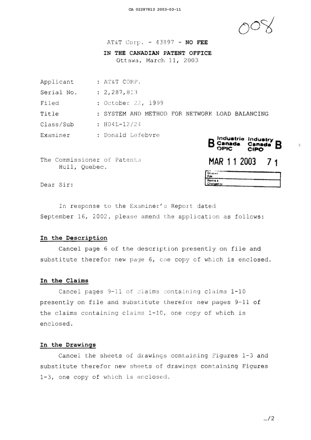 Canadian Patent Document 2287813. Prosecution-Amendment 20030311. Image 1 of 9