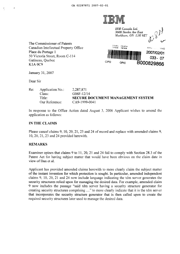 Canadian Patent Document 2287871. Prosecution-Amendment 20070201. Image 1 of 11