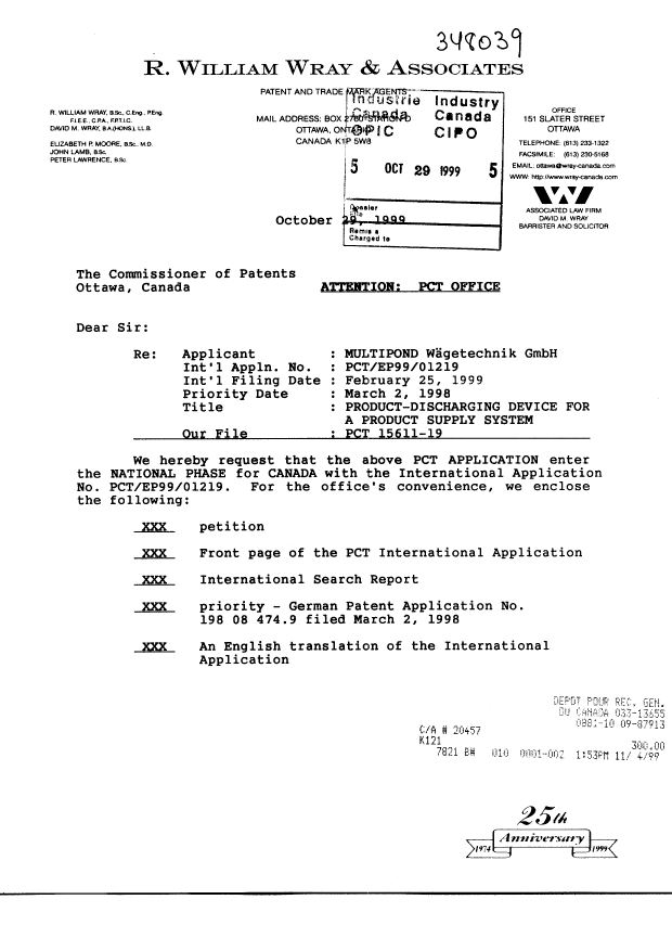 Canadian Patent Document 2287955. Assignment 19991029. Image 1 of 5