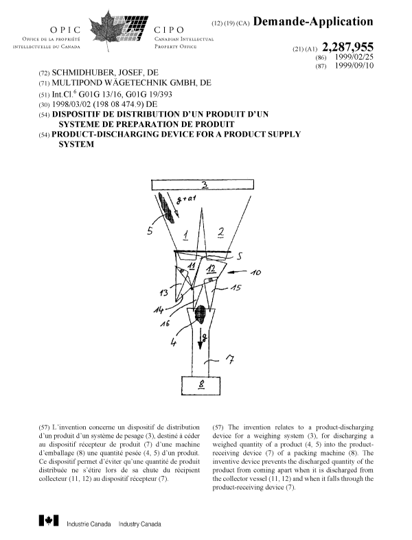 Canadian Patent Document 2287955. Cover Page 19991215. Image 1 of 1