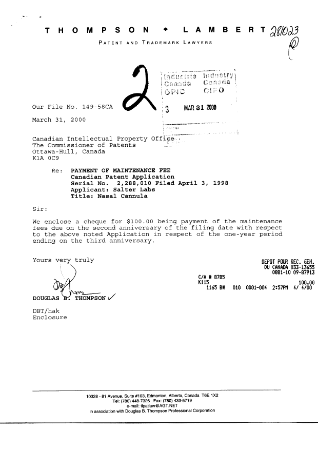 Canadian Patent Document 2288010. Fees 19991231. Image 1 of 1