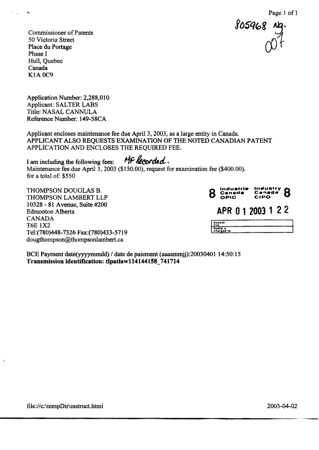 Canadian Patent Document 2288010. Fees 20021201. Image 1 of 1