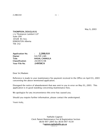 Canadian Patent Document 2288010. Correspondence 20021209. Image 1 of 1