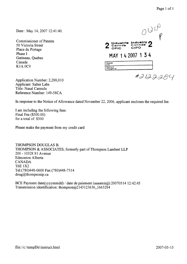 Canadian Patent Document 2288010. Correspondence 20061214. Image 1 of 1