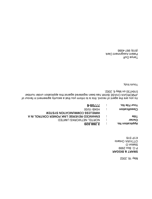Canadian Patent Document 2288020. Correspondence 20020516. Image 1 of 1