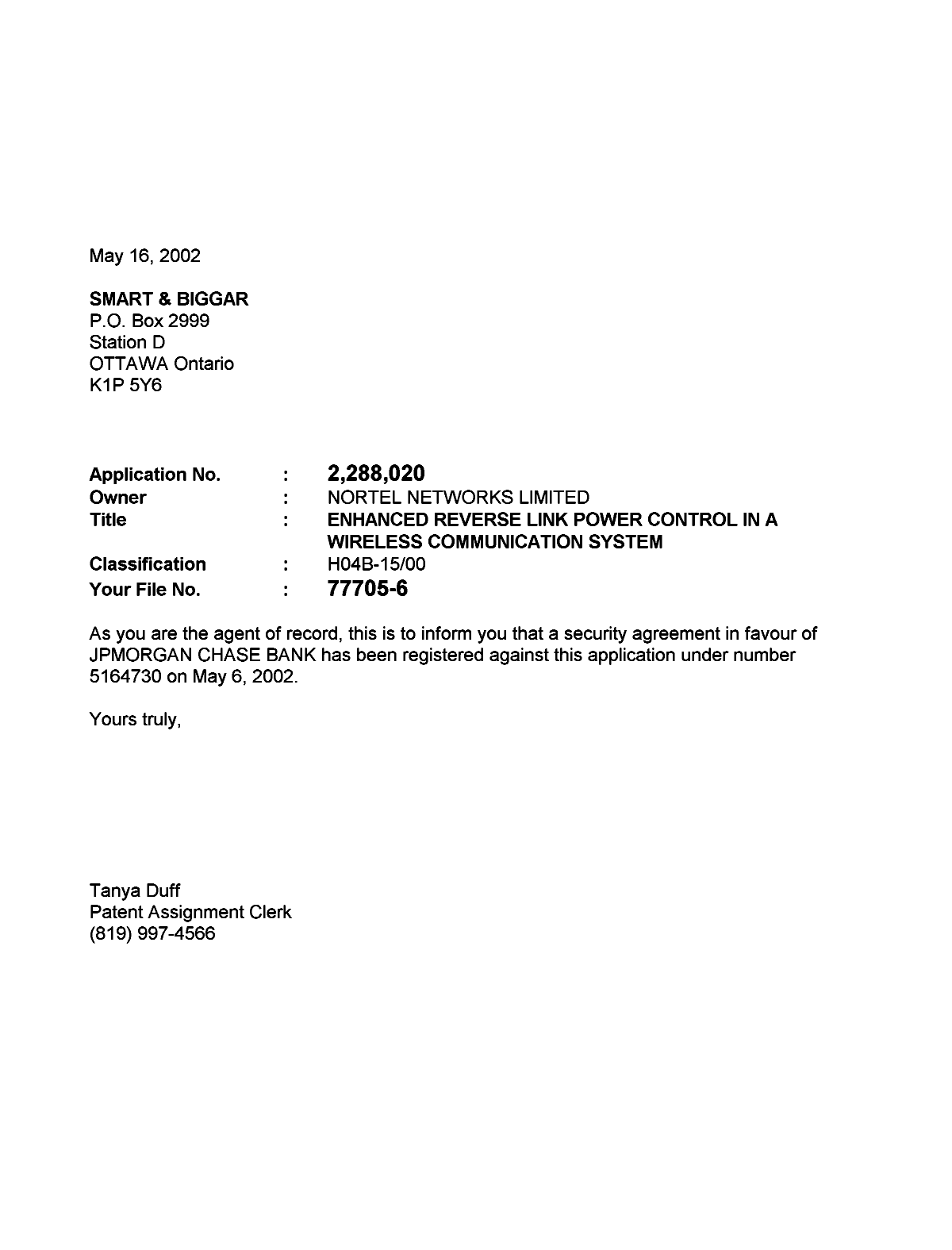Document de brevet canadien 2288020. Correspondance 20020516. Image 1 de 1