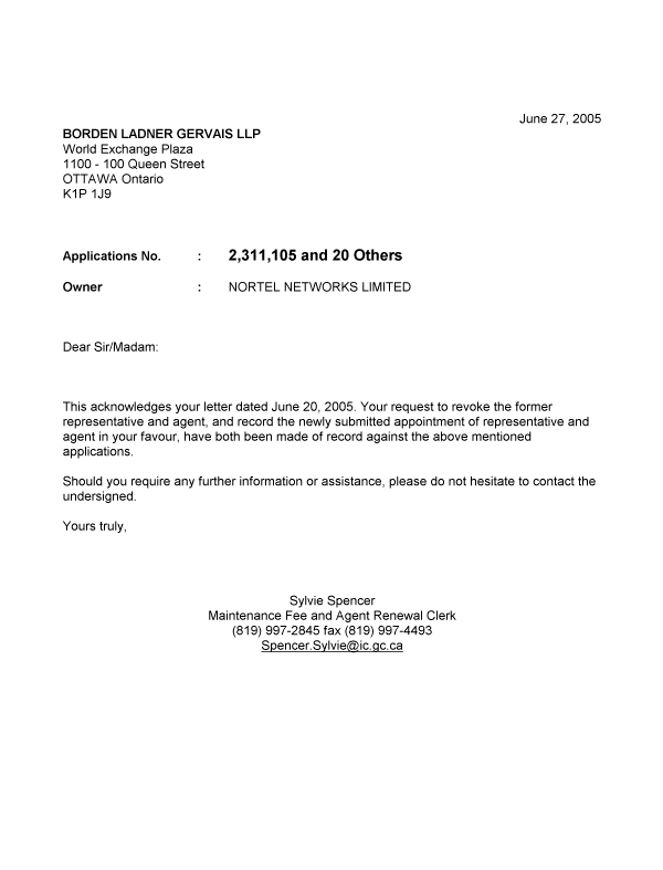 Canadian Patent Document 2288020. Correspondence 20050627. Image 1 of 1