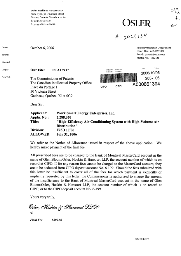 Canadian Patent Document 2288050. Correspondence 20061006. Image 1 of 1