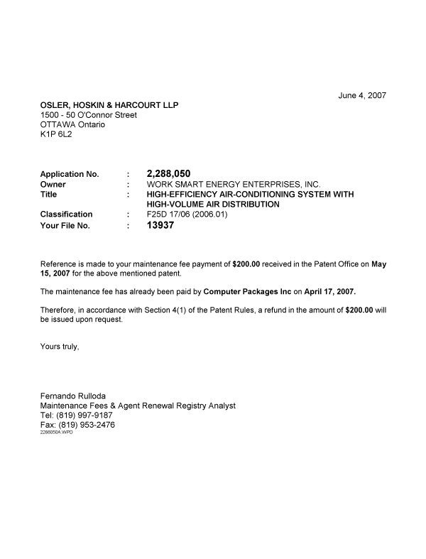 Canadian Patent Document 2288050. Correspondence 20070604. Image 1 of 1