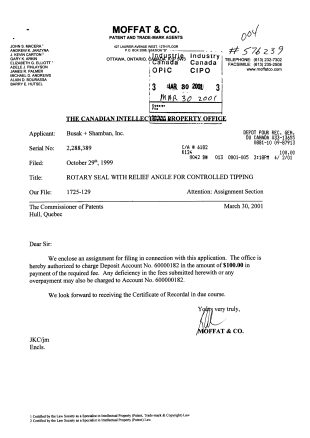 Document de brevet canadien 2288389. Cession 20010330. Image 1 de 3