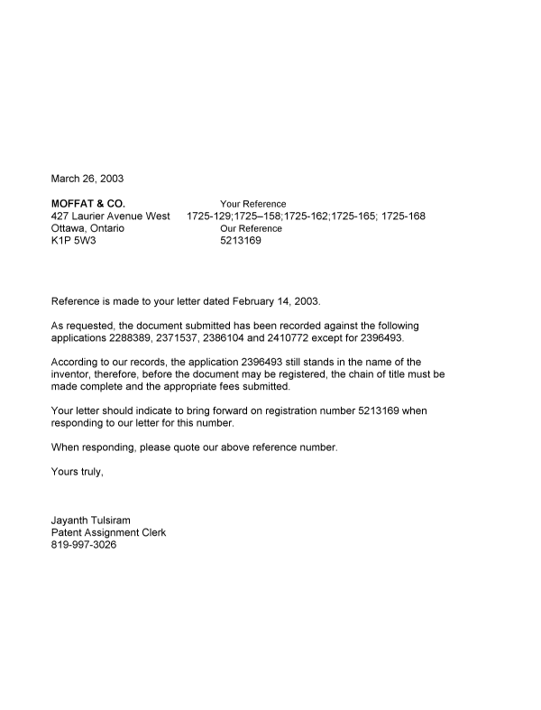 Document de brevet canadien 2288389. Correspondance 20030326. Image 1 de 1