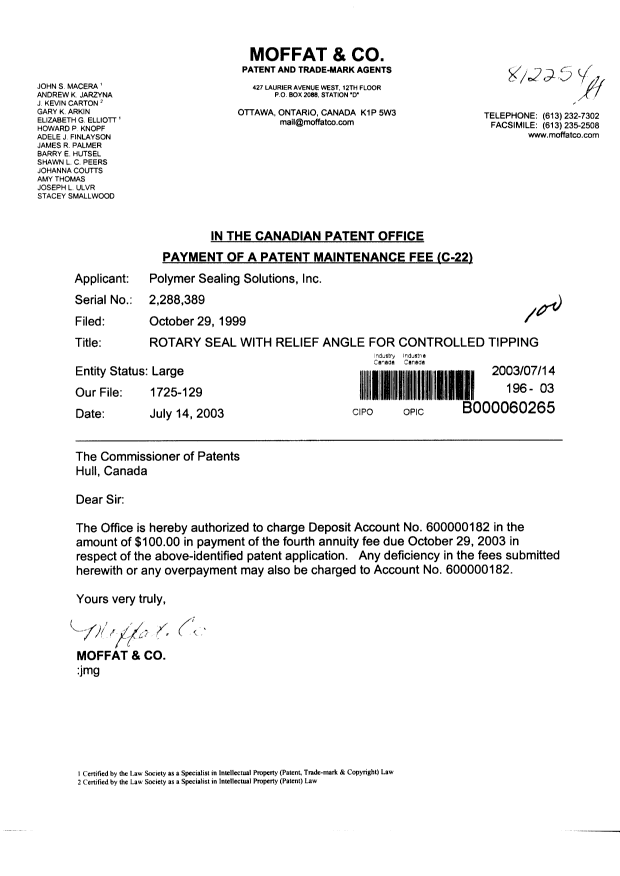 Document de brevet canadien 2288389. Taxes 20030714. Image 1 de 1