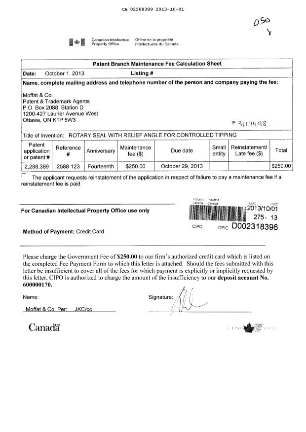 Document de brevet canadien 2288389. Taxes 20131001. Image 1 de 1