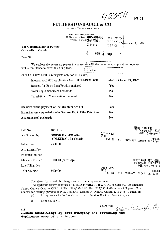 Document de brevet canadien 2288717. Cession 19991104. Image 1 de 3