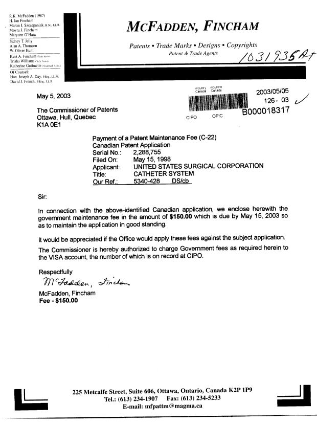 Document de brevet canadien 2288755. Taxes 20030505. Image 1 de 1