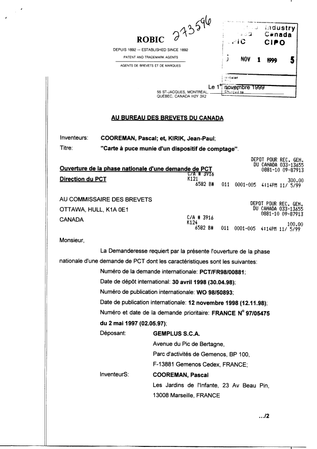 Document de brevet canadien 2288938. Cession 19991101. Image 1 de 6