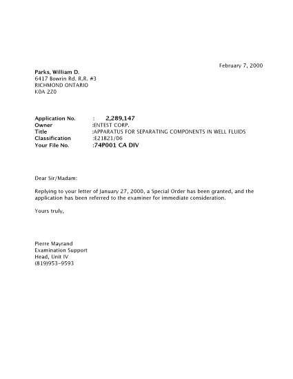 Canadian Patent Document 2289147. Prosecution-Amendment 20000207. Image 1 of 1