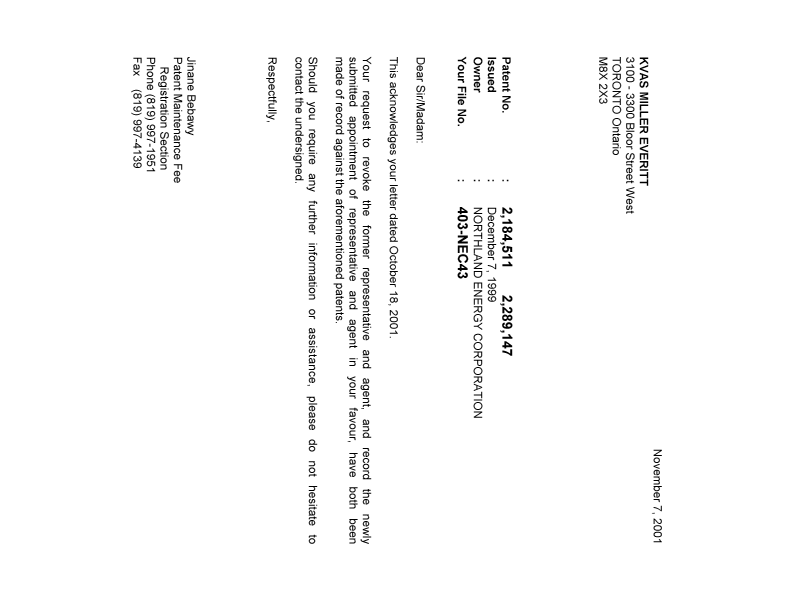 Canadian Patent Document 2289147. Correspondence 20011107. Image 1 of 1