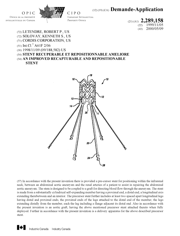 Document de brevet canadien 2289158. Page couverture 20000503. Image 1 de 1