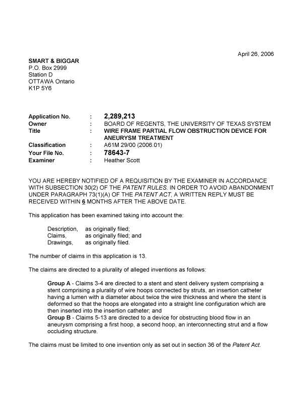 Canadian Patent Document 2289213. Prosecution-Amendment 20051226. Image 1 of 3