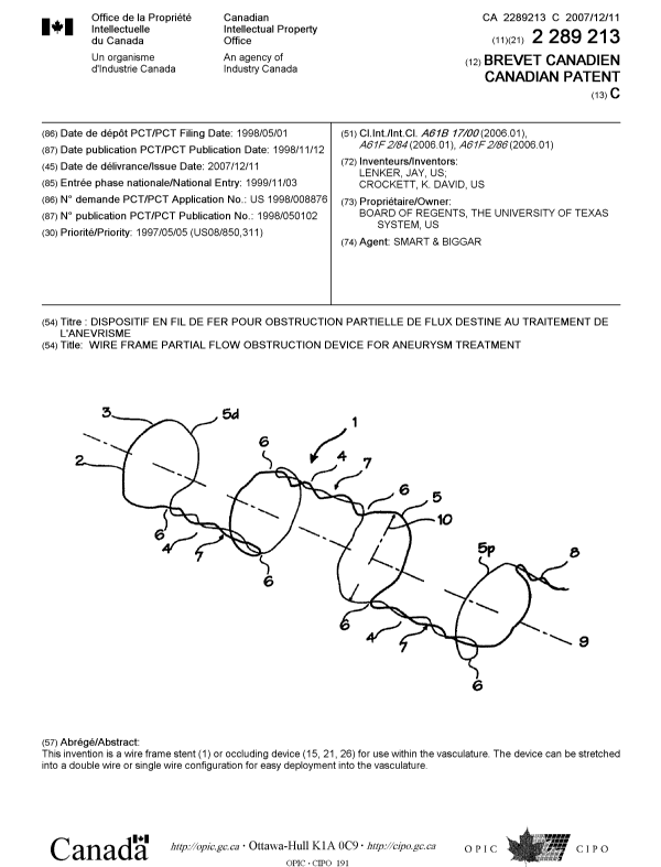 Canadian Patent Document 2289213. Cover Page 20061214. Image 1 of 1