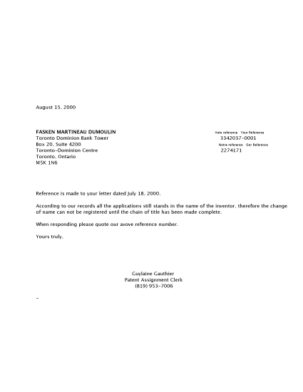Document de brevet canadien 2289275. Correspondance 20000724. Image 1 de 1