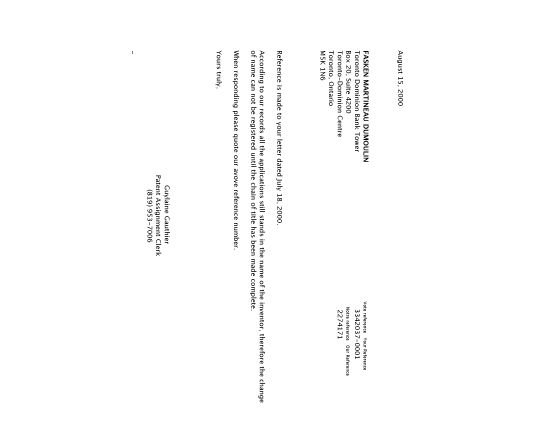 Document de brevet canadien 2289275. Correspondance 20000724. Image 1 de 1
