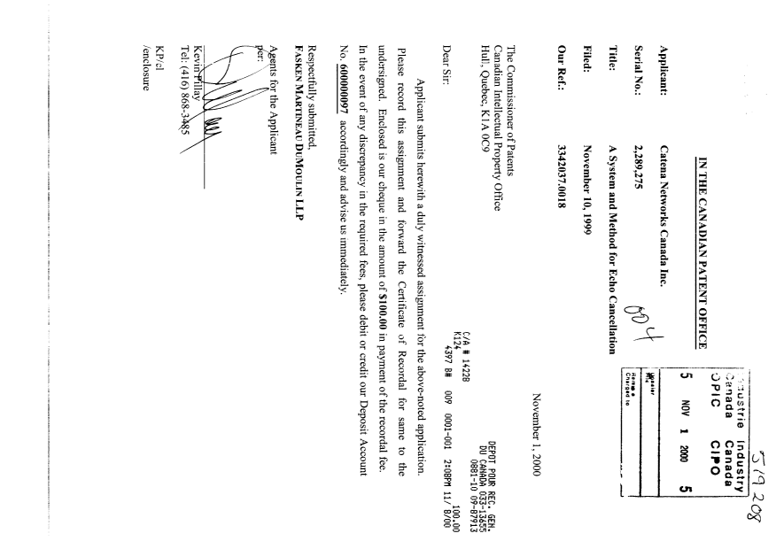 Document de brevet canadien 2289275. Cession 20001101. Image 1 de 3