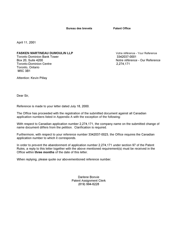 Canadian Patent Document 2289275. Correspondence 20001211. Image 1 of 1